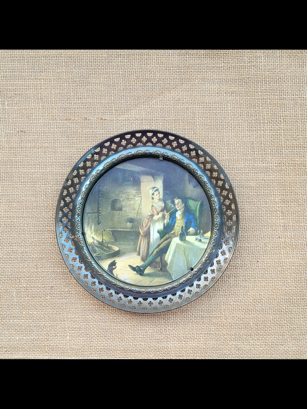 Vintage Open Work Brass Wall-Hanging Victorian Scene Decorative Plate/England